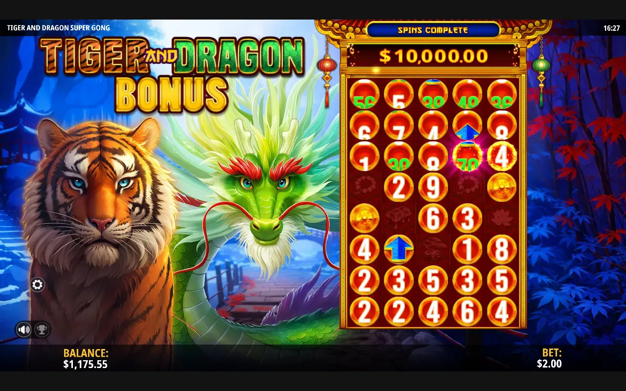 Tiger and Dragon Bonus with all eight rows unlocked and the board crowded with gong symbols