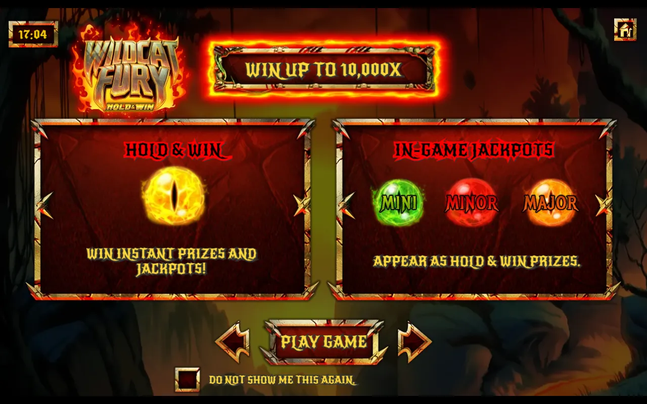 Wildcat Fury intro slide listing the Hold & Win prize eye and the Mini, Minor and Major jackpots under a 10,000x max win banner