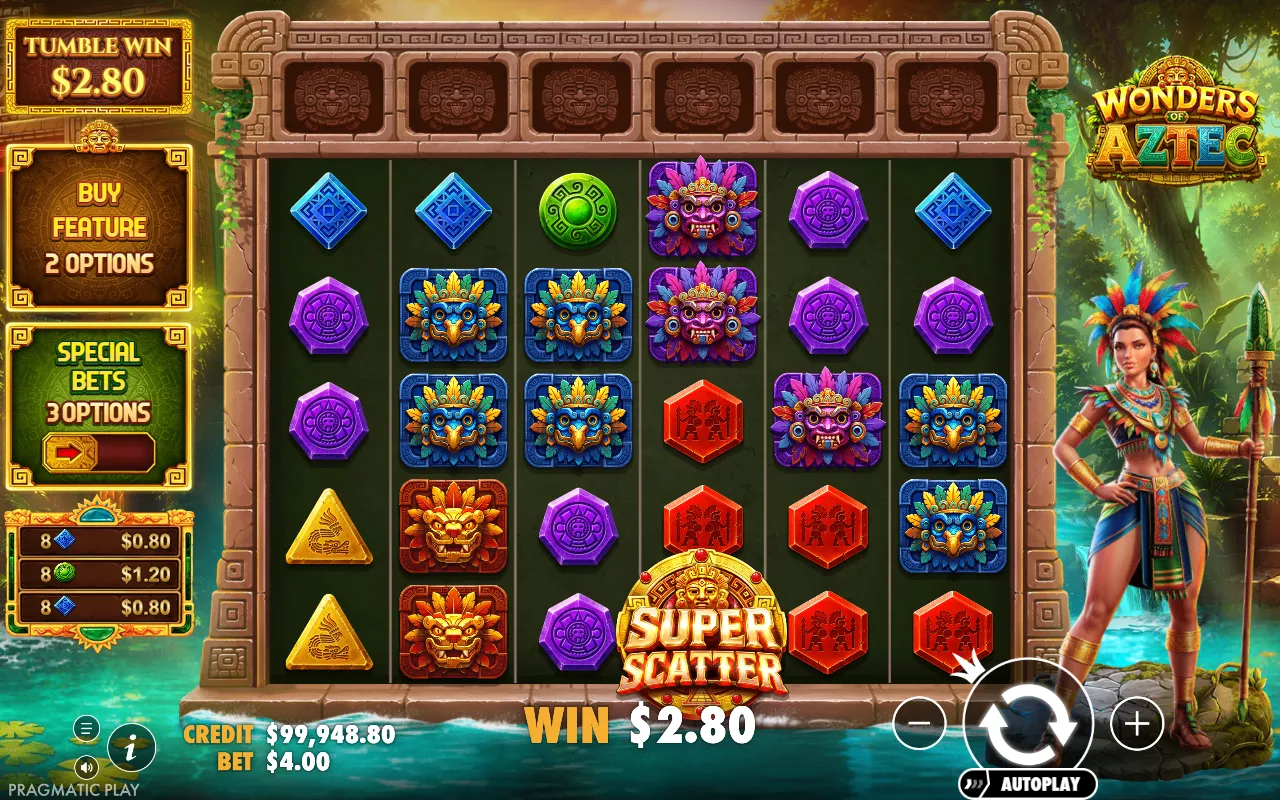 A busy Wonders of Aztec board paying three separate clusters, with the multiplier row above the reels completely empty