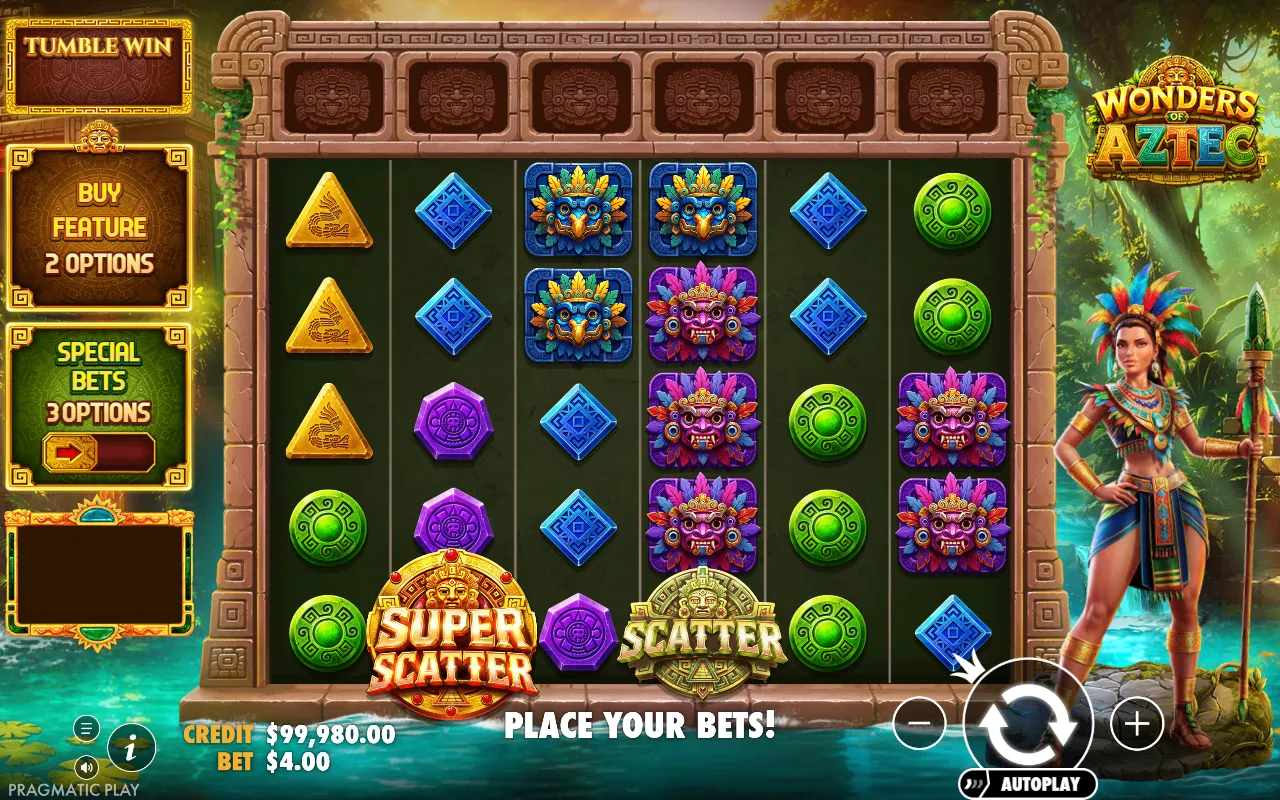 A Wonders of Aztec board holding one Scatter and one Super Scatter side by side with no win and no trigger
